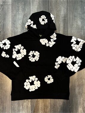 Men's Black Hoodie with White Floral Ring Print